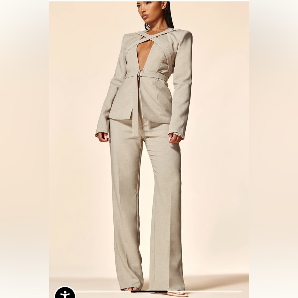 PrettyLittleThing Oatmeal Strap Detail Cross Over Fitter Blazer & Trouser Set